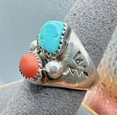 Vintage Sterling Turquoise Coral Unisex Ring Signed VL Vera Luna Size 8.5