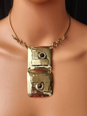 LILLO Israel Vintage Modernist Brass Pendant Necklace Neck Ring Cabochon Signed