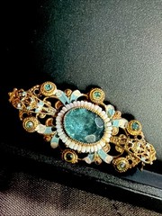 Antique Signed Czechoslov White Beads Enamel Brooch Blue Glass Stone Pin