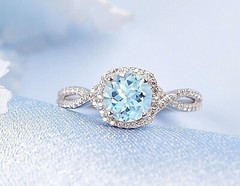 Round Cut Aquamarine Halo Engagement Ring Wedding Ring Anniversary Gift For Her
