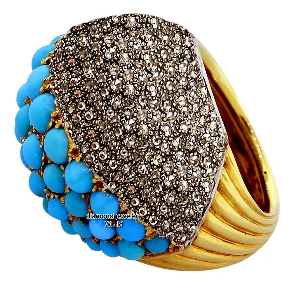 3.71ct Rose Cut Diamond Turquoise Studded Silver Victorian Gorgeous Ring Jewelry