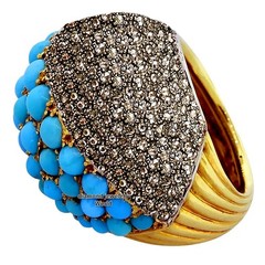 3.71ct Rose Cut Diamond Turquoise Studded Silver Victorian Gorgeous Ring Jewelry