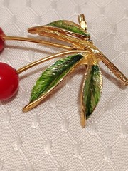 Vintage Enamel Cherry Berry Red Gold Green Leaves Branch Brooch Pin 2.5″ Long