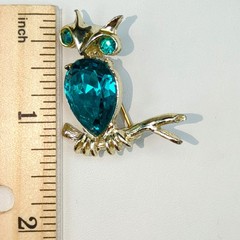 Brooch Pin Vintage Cerulean Blue Rhinestone Owl Bird Branch Animal Dodds Signed