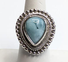 Blue Stone Teardrop Cocktail Beaded Edge Statement Ring Sz 8.25 Silver Tone