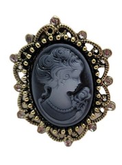 Vintage Victorian Style Cameo Brooch Pin Petite Black & Gray Rhinestone New