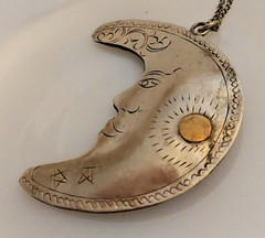 Crescent Moon w face, Unique Pendant, hand tooled, Whimsigoth Celestial Jewelry