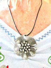 Vintage-Black Cord w/Pewter Rhinestone Flower Slide & Brooch