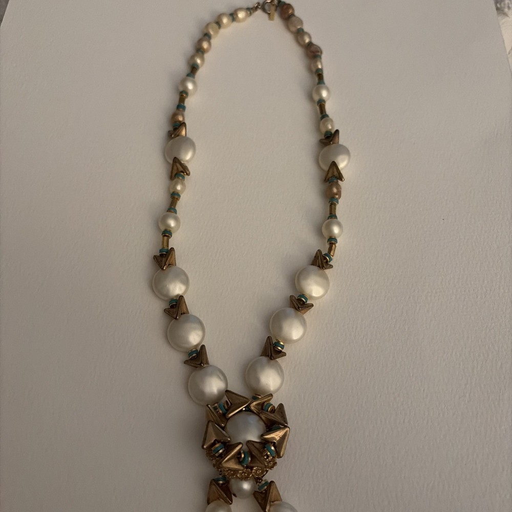 Vintage Statement, Necklace, Pearls Turquoise, And Gold Tone, 22 Inches signed
