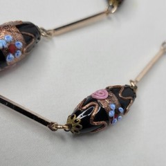 Vintage Venetian Glass Beaded Necklace Black Pink Blue Lampwork Beads Gold Tone
