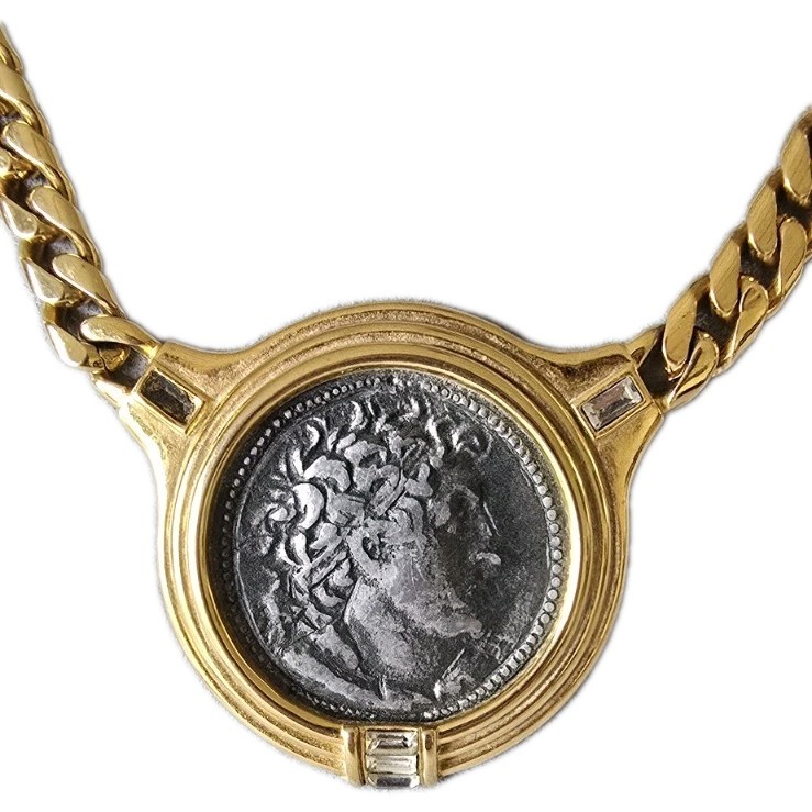 Vintage Replica Roman Coin Bezel Set In Goldtone Rhinestone Accents TAT Necklace