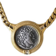Vintage Replica Roman Coin Bezel Set In Goldtone Rhinestone Accents TAT Necklace