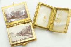 2 ANTIQUE ENGLISH LOCKETS / CHARMS – PINCHBECK ABERFELDY ENAMEL & PEARL c1870