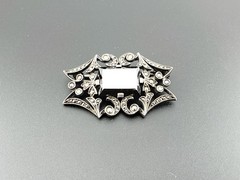 Antique Sterling Silver Unmarked natural hematite brooch Trombone Clasp 1.5”X1”