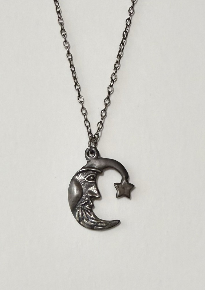 Vintage Celestial Sterling Silver Crescent Moon Face in Wizard Star Hat Necklace