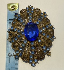 Vintage Antique Czech Gilt Filigree Cobalt Blue Glass Brooch Pin-Estate