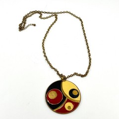 Vintage Retro Modernist Enamel Pendant Necklace, Gold Tone Abstract Geo, Style