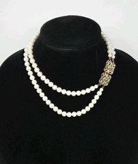 Sarah Coventry Double Strand “High Society” Faux Pearl Necklace Gold Green Clasp
