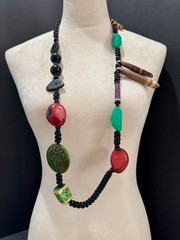 Lot of 3 Vintage Asian Style Pendant Necklaces Cloisonne Jade Look Cinnabar Styl