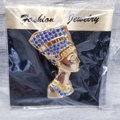2X Nefertiti Queen Egypt Pin Brooch Gold Tone Blue White Rhinestone Jewelry