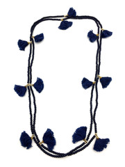 India Handmade Navy Glass Bead Cotton Thread Tassle GoldTone Spacer 80″ Necklace