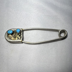 Silver Tone Safety Pin Pin w/ 2 Round Blue Stones 3.5 in Unisex Adults