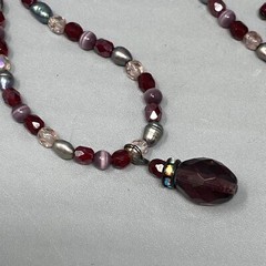 Red Pendant Necklace Teardrop Faceted Glass Purple Cats Eye Dainty Iridescent AB