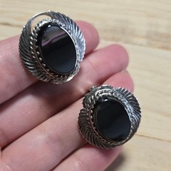 Whiting & Davis Silver Tone and Hematite Clipon Earrings with Intricate Design