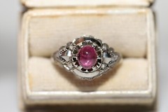 Antique Circa 1920s 18k Gold Natural Cabochon Ruby And Rose Cut Diamond Ring