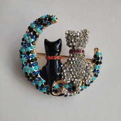 Blue Crescent Moon Pin | Black + White Cats Brooch | Rinestone Jewelry Accessory