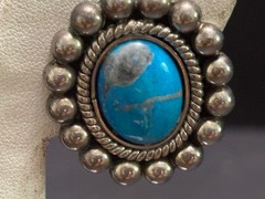 Vintage Mexico Turquoise 925 Silver EARRINGS Clip Back Ovals Bead & Rope Trim