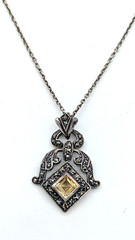 Vintage Pendant Necklace Sterling Silver Citrine Marcasite 18 Inch