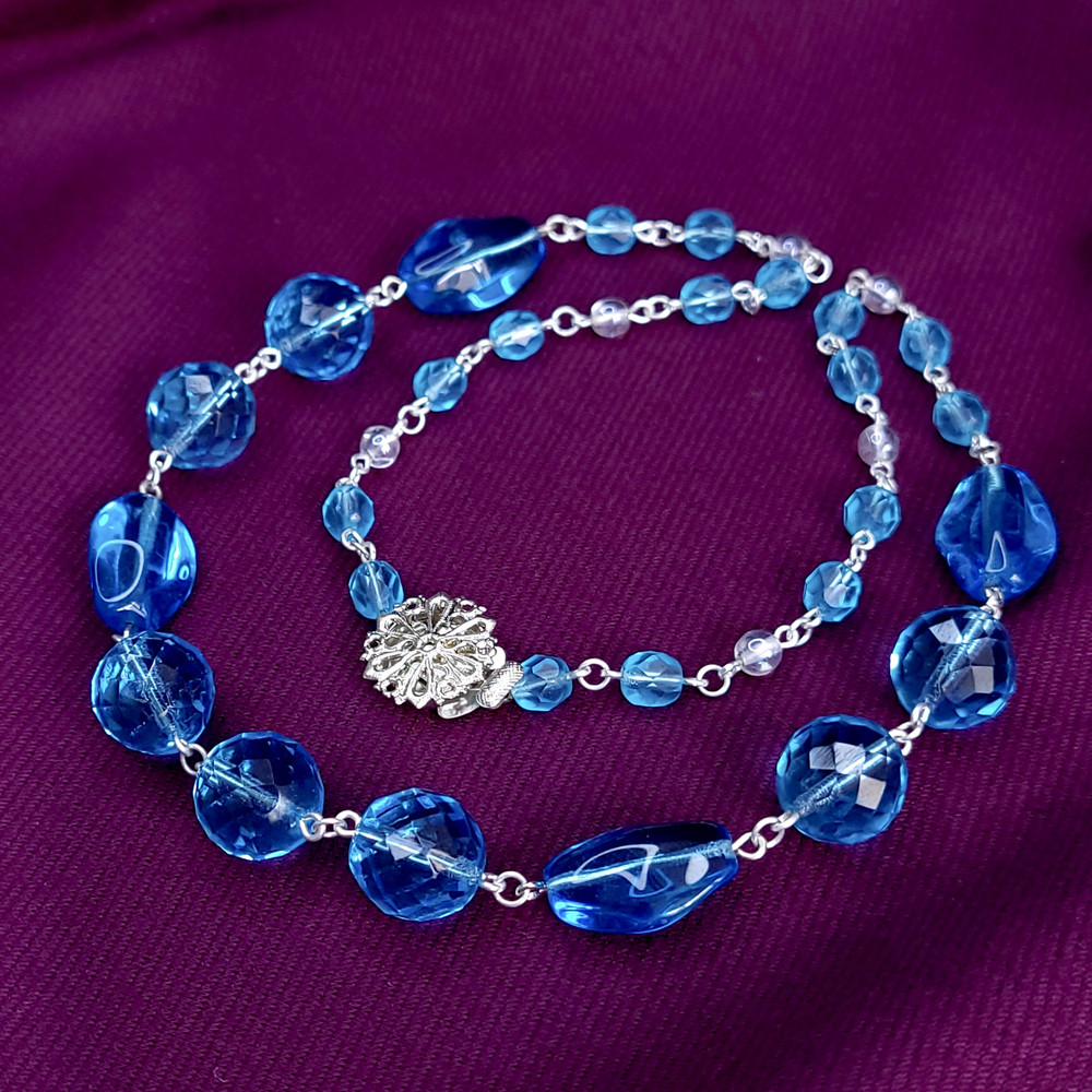 Blue Glass Necklace 20″ Vintage Glass Czech Beads Art Deco Style