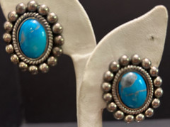 Vintage Mexico Turquoise 925 Silver EARRINGS Clip Back Ovals Bead & Rope Trim