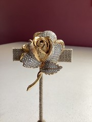 Vintage Nettie Rosenstein Pave Rhinestone Rose Brooch Signed Gold Tone Designer