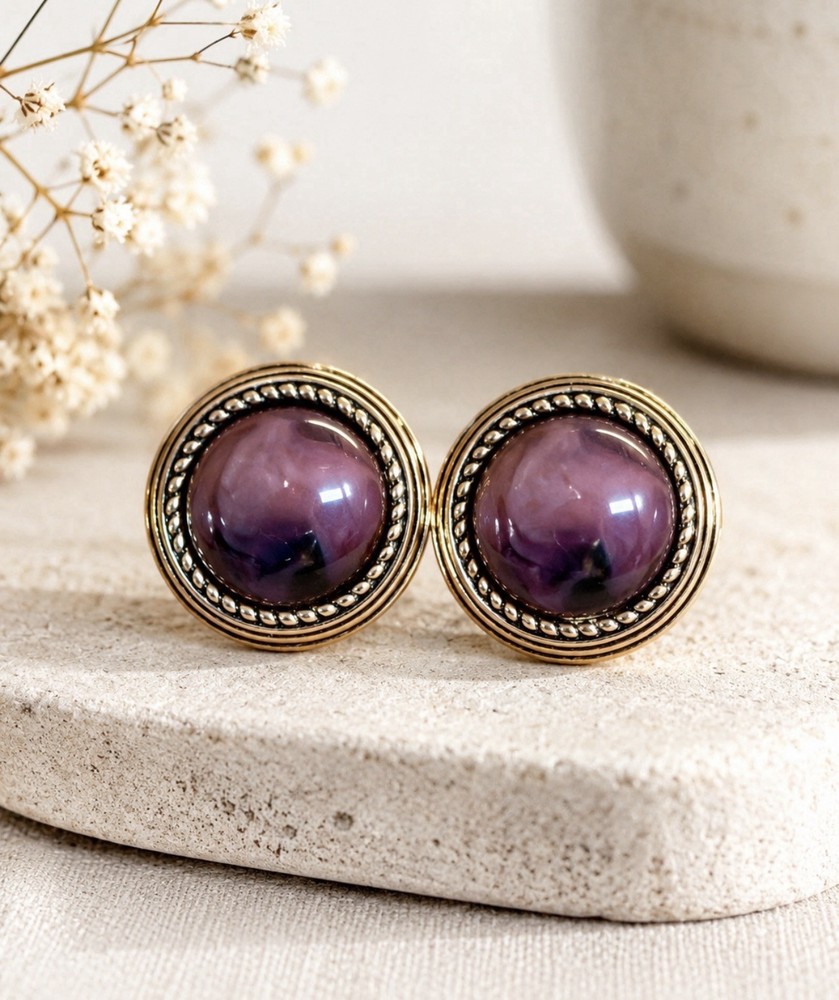 Vintage 1980s Gold Tone Clip On Earrings Pink Purple Cabochon Rope Trim 1″