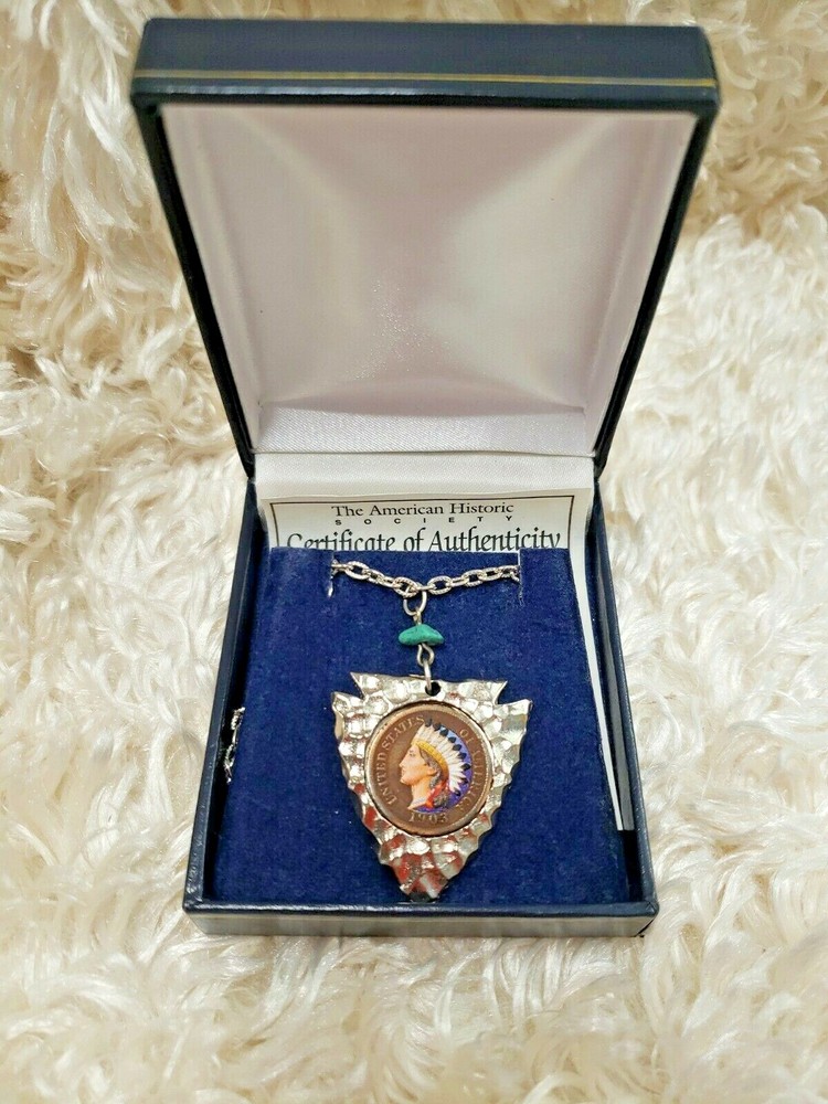 UNITED STATES 1903 Arrowhead Coin Silvertone American Historic 24″ Necklace