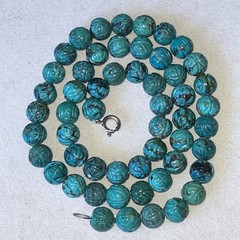 Vintage Chinese Turquoise Carved Shou Bead Necklace Sterling Silver 21” Long