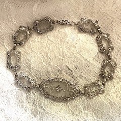 10K White Gold Camphor Glass Diamond Art Deco Filigree Bracelet 7.5″