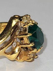 Vintage 14KGE Plate Imitation Emerald Solitaire Clear Stone Accents Fashion Ring