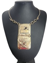 LILLO Israel Vintage Modernist Brass Pendant Necklace Neck Ring Cabochon Signed