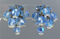VTG Laguna Dangle Clip-On Earrings BEADED CLUSTER Blue & Clear Crystals SILVER