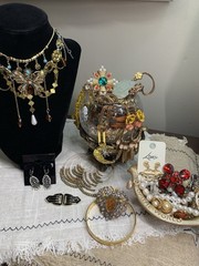 VTG Curated Mystery Costume Jewelry Jar Gold Tone Pastels Pearls Cameo WOW