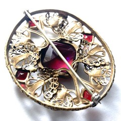 Large Antique Czech Art Deco Red Blue Dragons Breath Art Glass Brass Brooch Pin