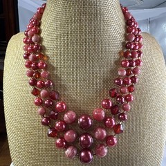 VTG 60s Japan Triple Strand Pink Plastic Layered Bead Statement Necklace