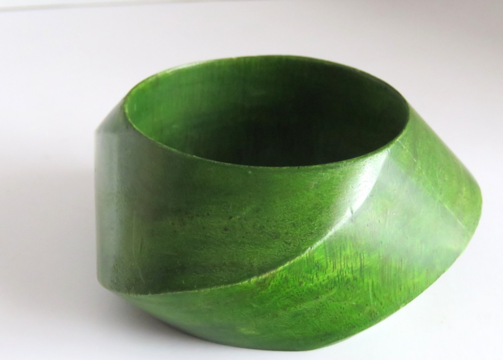 Vintage Green Bangle Wood Chunky Sculptural Asymmetrical Designer Bracelet