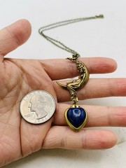 Vintage Style Goddess Crescent Moon Blue Lapis Lazuli Mini Heart Locket Necklace