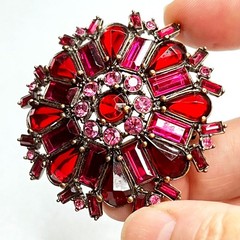 VTG Large Flower Snowflake Brooch Pin Red Fuchsia Pink Purple Glass Rhinestones