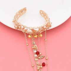 Gold Tone Vintage Cuff Bracelet with Ring Red Beads Chain Bell Gift for Women