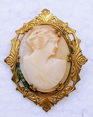 Vintage Brass And Shell Cameo Brooch With 4 Seed Pearls